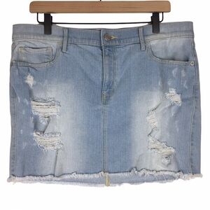 EXPRESS Jeans Mini Skirt Light Wash Distressed Denim Stretch Raw Hem Size 12